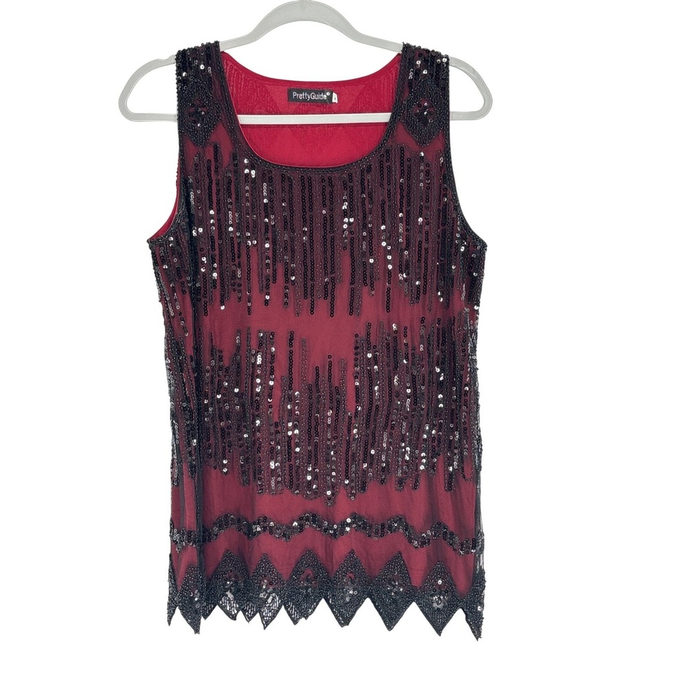 Whimsigoth Fairy Top Large Red Black Beaded Sequins Flapper Event Gatsby Sheer